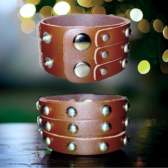 Silver Studded Black (Sold Out) Brown Leather Wrap/Band/Bracelet - Unisex - New - Picture 1 of 9